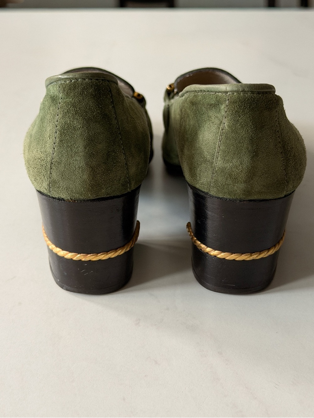 Vintage Gucci Green Suede Horsebit Block Heel Loafers - Picture 8 of 12